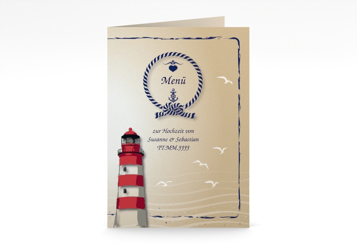 Menükarte Hochzeit Sylt A5 Klappkarte hoch mit Leuchtturm