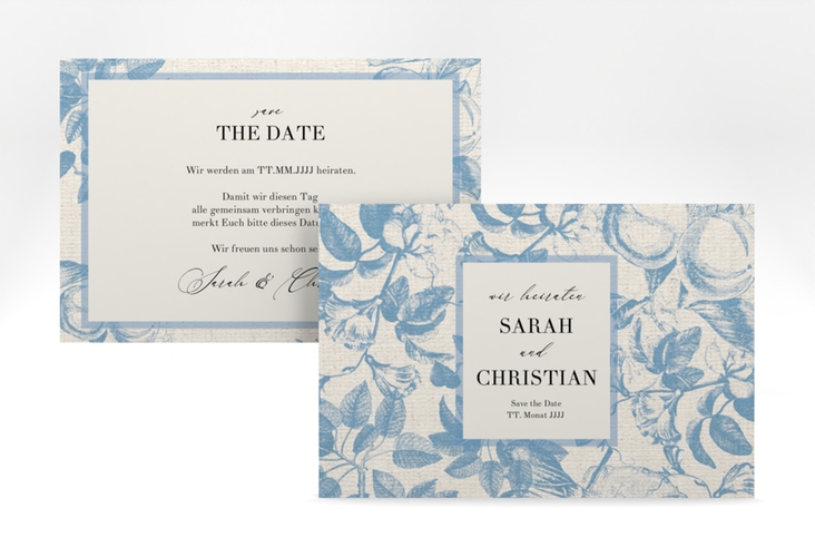 Save the Date-Karte Toile A6 Karte quer blau mit Blättermuster im Toile-de-Jouy-Stil