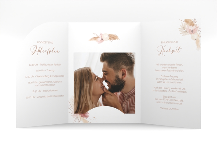 Hochzeitseinladung Bohostyle mittlere Bogen-Wickelfalzkarte beige mit Pampasgras in Aquarell