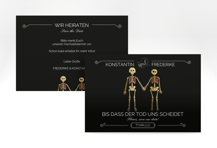 Save the Date-Karte Bones A6 Karte quer lustig mit Skelett-Brautpaar