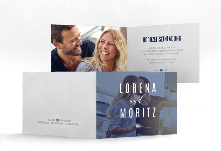 Hochzeitseinladung Memory A6 Klappkarte quer blau