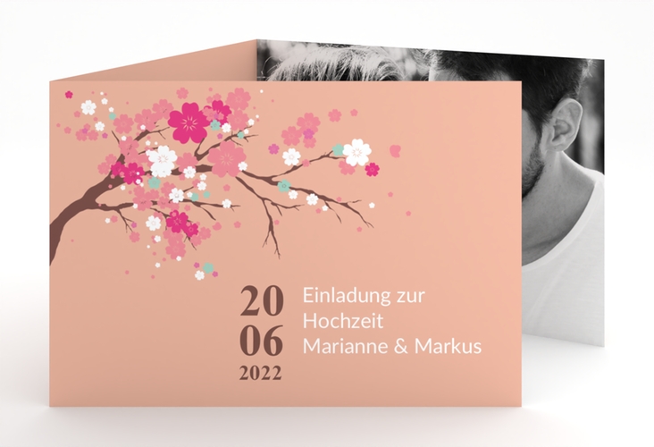 Hochzeitseinladung Sakura A6 Doppel-Klappkarte apricot