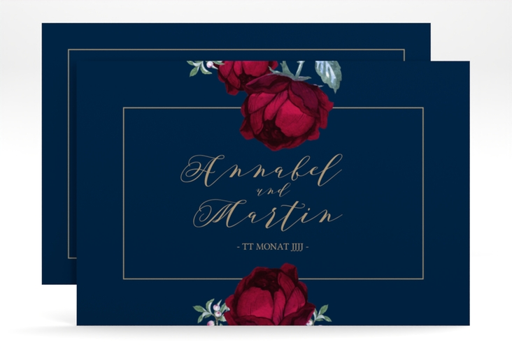 Save the Date-Karte Peonies A6 Karte quer blau elegant mit Pfingstrosen