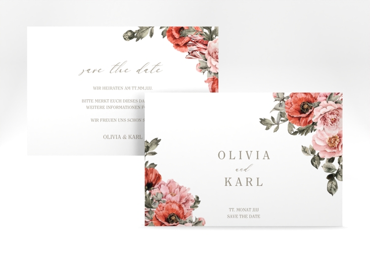 Save the Date-Karte Grazioso A6 Karte quer modern mit Mohnblumen und Rosen