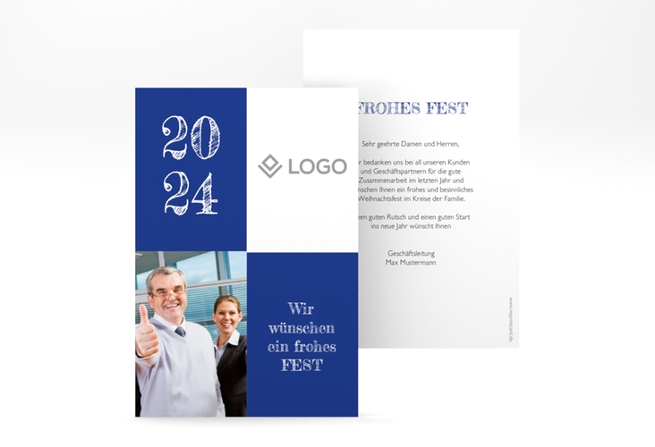 Business-Weihnachtskarte Partner A6 Karte hoch blau modern mit Firmenlogo