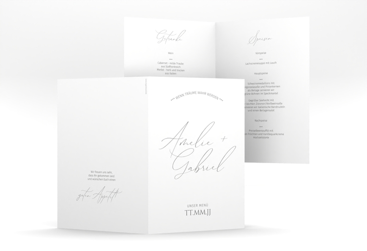 Menükarte Hochzeit Federschrift A5 Klappkarte hoch weiss hochglanz in schlichtem Design mit Kalligrafie