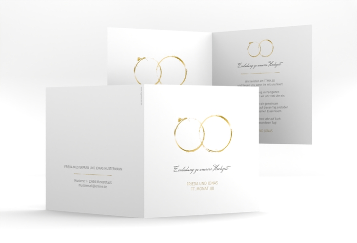 Hochzeitseinladung Trauringe quadr. Klappkarte gold hochglanz minimalistisch gestaltet mit zwei Eheringen