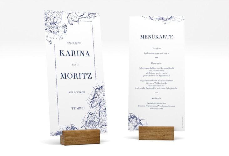 Menükarte Hochzeit Voyage lange Karte hoch blau