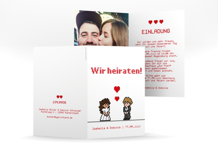 Einladungskarte Hochzeit Pixel A6 Klappkarte hoch weiss