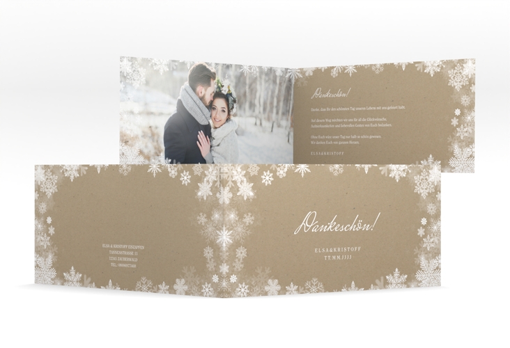 Danksagung Hochzeit  Snowfall lange Klappkarte quer Kraftpapier hochglanz mit Schneeflocken für Winterhochzeit