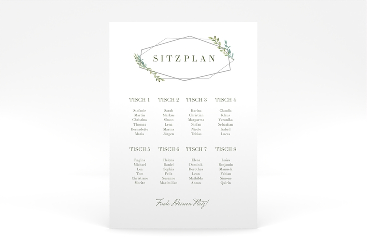 Sitzplan Poster Hochzeit Herbarium 50 x 70 cm Poster grau mit geometrischem Rahmen und Blätter-Dekor