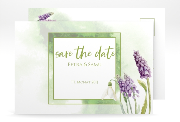 Save the Date-Postkarte Frühling A6 Postkarte hochglanz mit Frühlingsblumen in Aquarell