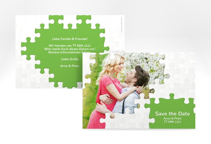 Save the Date-Karte Hochzeit Puzzle A6 Karte quer gruen hochglanz