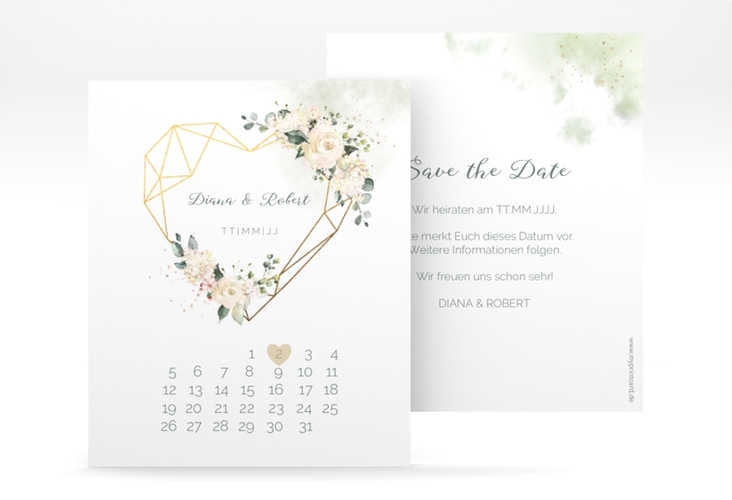 Save the Date-Kalenderblatt Adore Kalenderblatt-Karte mit geometrischem Herz und Rosen in Pastell