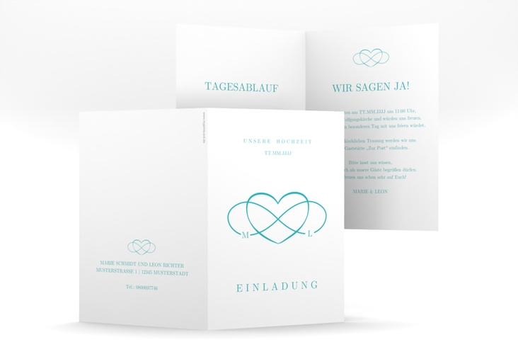 Einladungskarte Hochzeit Infinity A6 Klappkarte hoch tuerkis