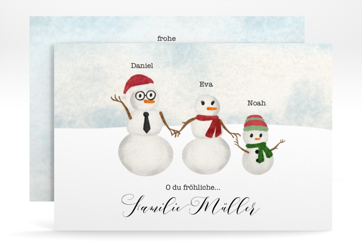 Weihnachtskarte Snowman Family A6 Karte quer für Weihnachtsgrüße mit Familienfoto