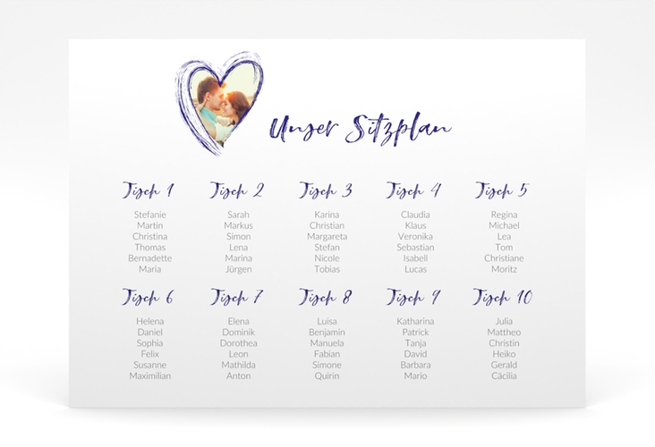 Sitzplan Poster Hochzeit Liebe 70 x 50 cm Poster blau