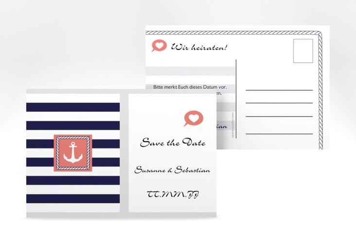 Save the Date-Postkarte Girona A6 Postkarte mit maritimen Streifen und Anker