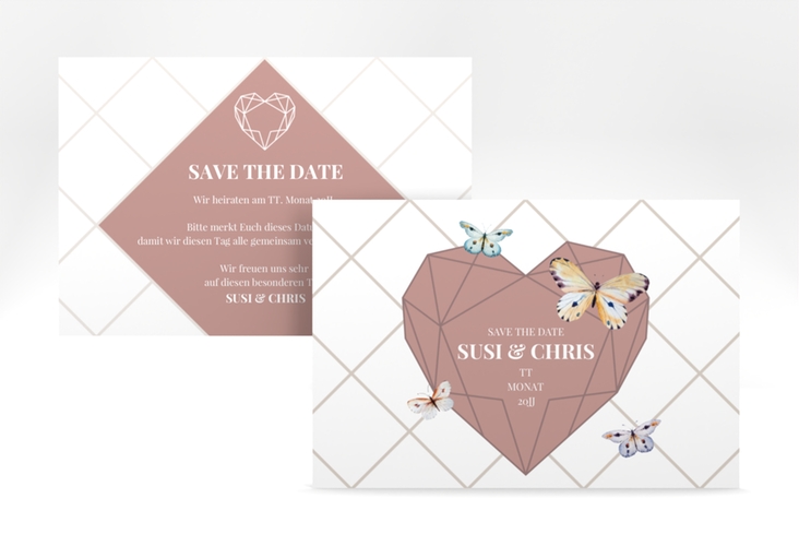 Save the Date-Karte Butterfly A6 Karte quer hochglanz mit Schmetterlingen und Herz im Geometric Design