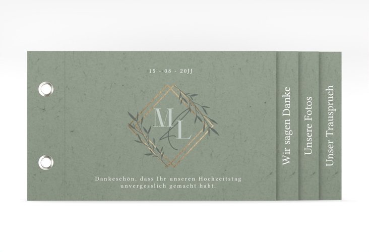 Danksagungskarte Hochzeit Greenletter Booklet gruen mit Initialen in elegantem Goldrahmen mit Blättern