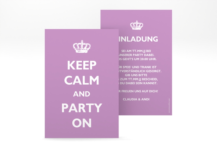 Party Einladungskarte Statement A6 Karte hoch lila mit Keep-Calm-Spruch