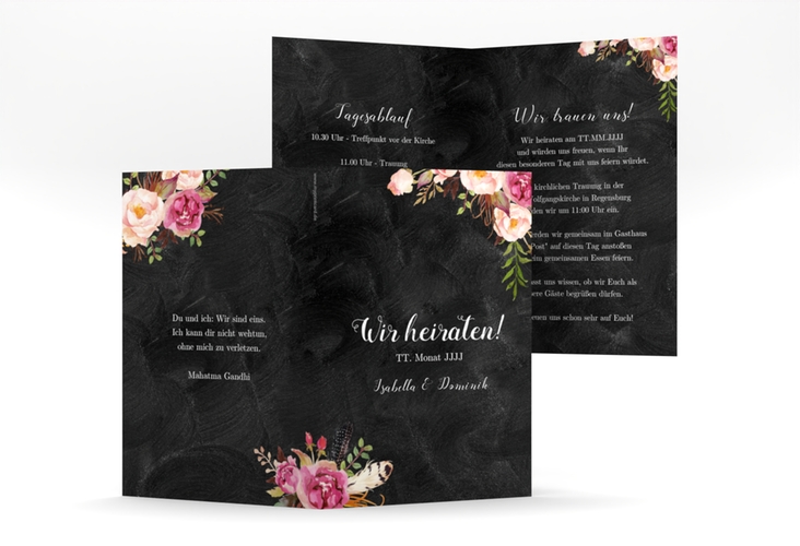 Einladungskarte Hochzeit Flowers A6 Klappkarte hoch schwarz mit bunten Aquarell-Blumen