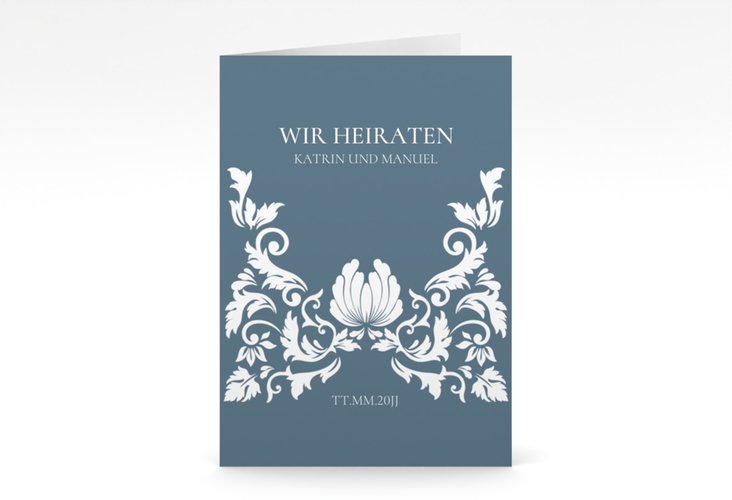 Einladungskarte Hochzeit Royal A6 Klappkarte hoch blau hochglanz mit barockem Blumen-Ornament