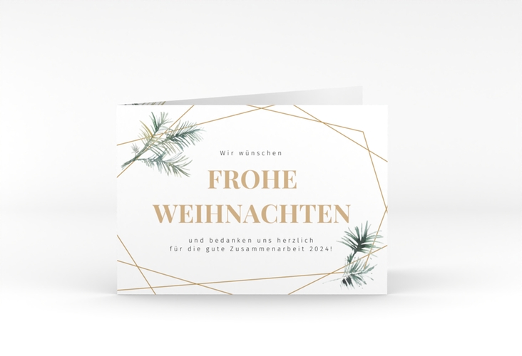 Geschäftliche Weihnachtskarte Edeltanne A6 Klappkarte quer gold hochglanz mit Tannenzweigen und edlem Goldrahmen