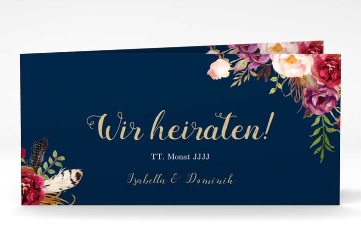 Hochzeitseinladung Flowers lange Klappkarte quer blau mit bunten Aquarell-Blumen