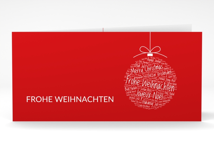 Geschäftliche Weihnachtskarte Wunderkugel lange Klappkarte quer rot schlicht mit Weihnachtskugel