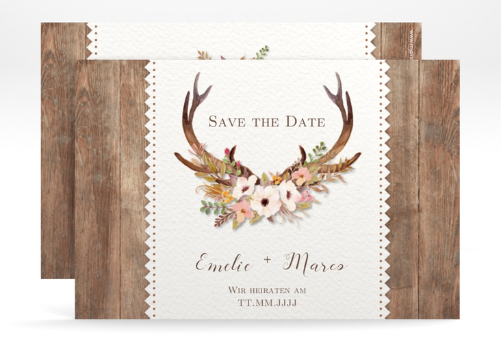 Save the Date-Karte Hochzeit Heimatjuwel A6 Karte quer braun mit Hirschgeweih und Holz-Hintergrund