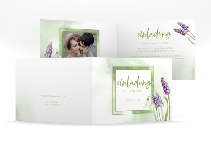 Hochzeitseinladung Frühling mittlere Klappkarte quer hochglanz mit Frühlingsblumen in Aquarell