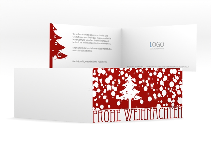 Business-Weihnachtskarte Schneeweiss lange Klappkarte quer rot mit Art Déco Schriftzug und Winterlandschaft