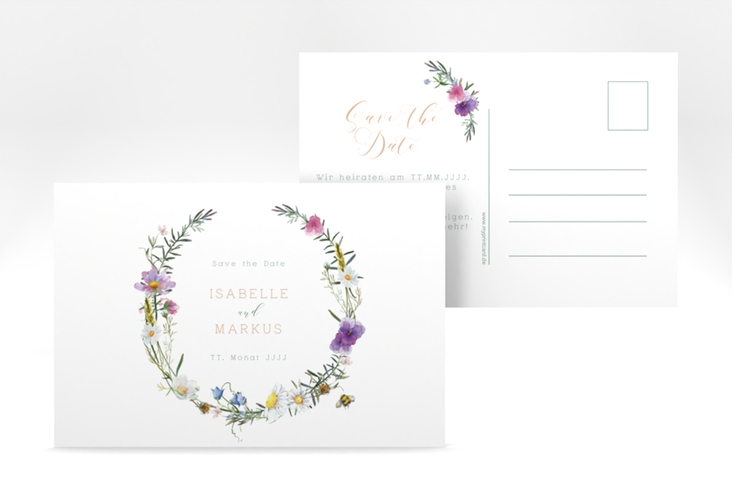 Save the Date-Postkarte Blumengarten A6 Postkarte hochglanz mit Blumenkranz und Hummel