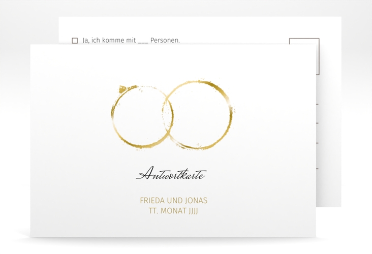 Antwortkarte Hochzeit Trauringe A6 Postkarte gold minimalistisch gestaltet mit zwei Eheringen