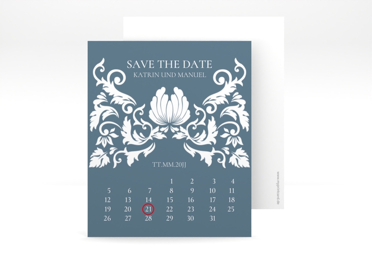 Save the Date-Kalenderblatt Royal Kalenderblatt-Karte blau hochglanz mit barockem Blumen-Ornament