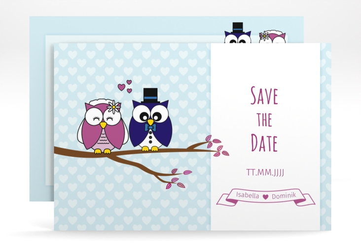 Save the Date-Karte Hochzeit Eulenliebe A6 Karte quer blau