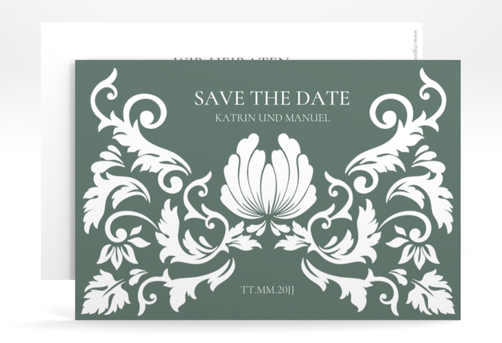 Save the Date-Karte Royal A6 Karte quer gruen mit barockem Blumen-Ornament