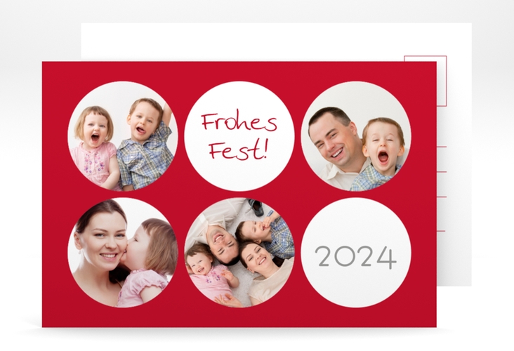 Weihnachtskarte Joy A6 Postkarte rot mit runden Fotos