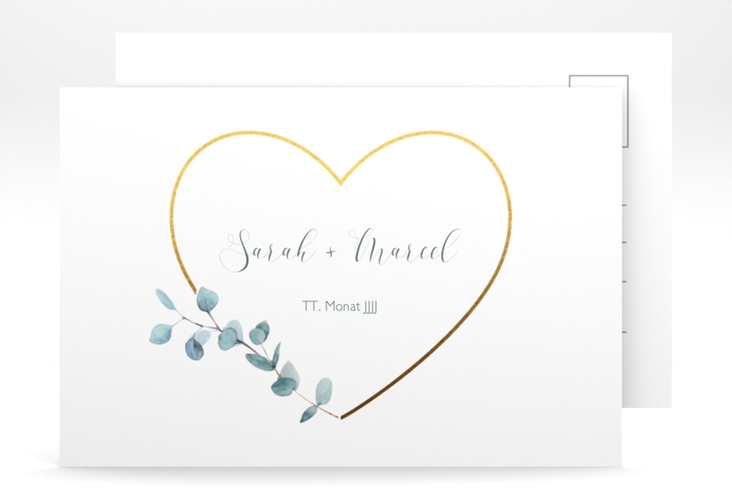 Save the Date-Postkarte Greenheart A6 Postkarte gold mit elegantem Herz und Eukalyptus-Zweig