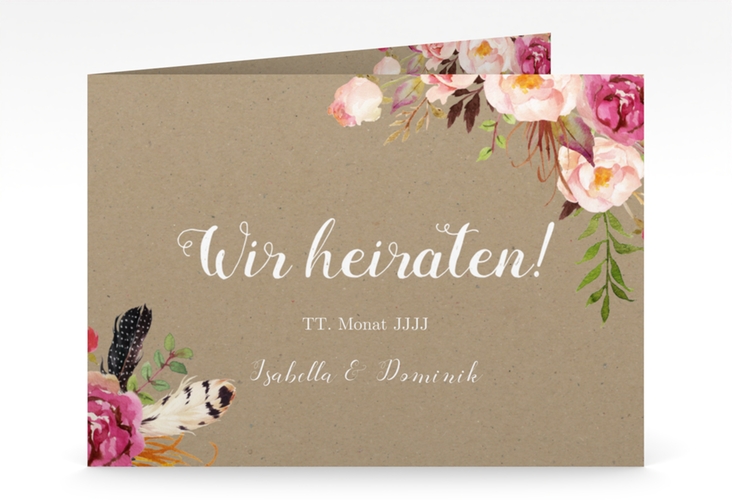 Hochzeitseinladung Flowers mittlere Klappkarte quer Kraftpapier hochglanz mit bunten Aquarell-Blumen