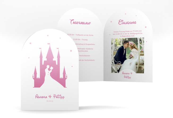 Einladungskarte Hochzeit Castle A6 Bogen-Klappkarte + Foto rosa