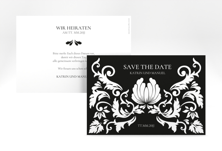 Save the Date-Karte Royal A6 Karte quer schwarz mit barockem Blumen-Ornament