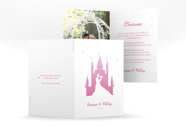 Einladungskarte Hochzeit Castle A6 Klappkarte hoch rosa