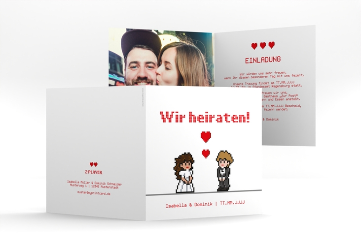 Hochzeitseinladung Pixel quadr. Klappkarte weiss hochglanz