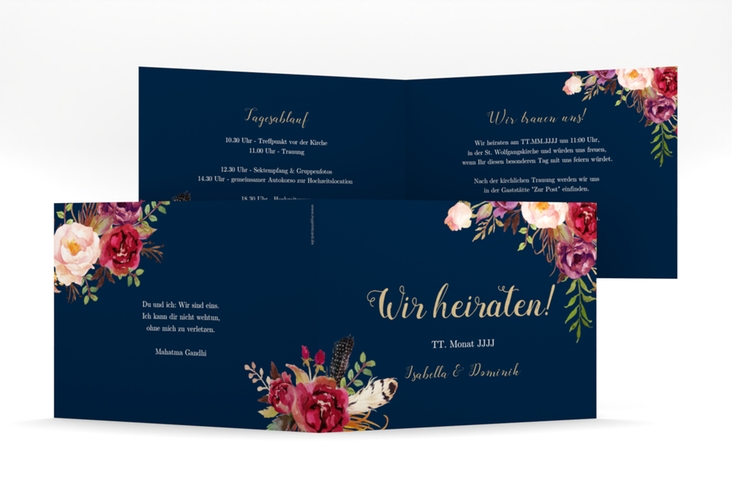 Hochzeitseinladung Flowers mittlere Klappkarte quer blau hochglanz mit bunten Aquarell-Blumen