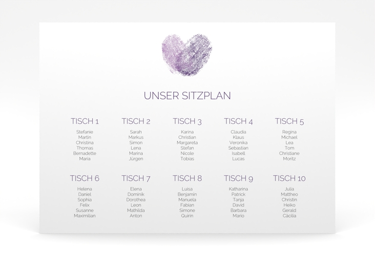 Sitzplan Poster Hochzeit Fingerprint 70 x 50 cm Poster lila schlicht mit Fingerabdruck-Motiv