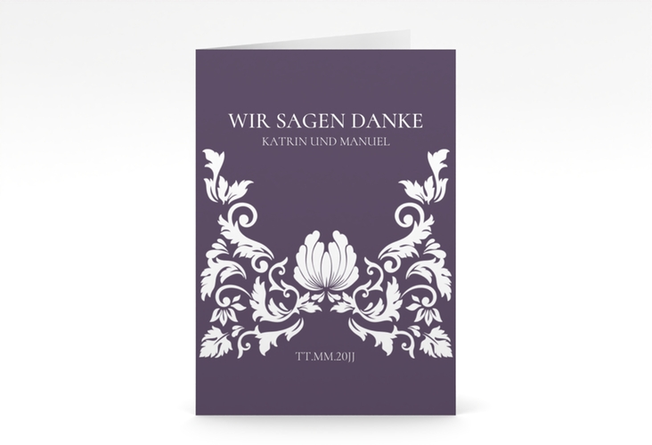 Danksagungskarte Hochzeit Royal A6 Klappkarte hoch lila hochglanz mit barockem Blumen-Ornament