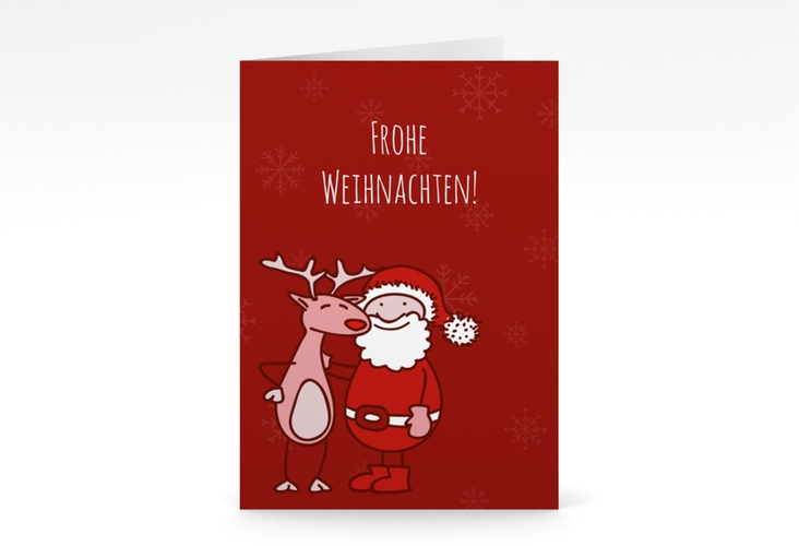 Weihnachtskarte Cartoon A6 Klappkarte hoch rot lustig mit Rentier Rudolph und Weihnachtsmann