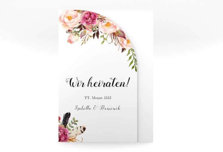 Hochzeitseinladung Flowers mittlere Bogen-Wickelfalzkarte weiss mit bunten Aquarell-Blumen